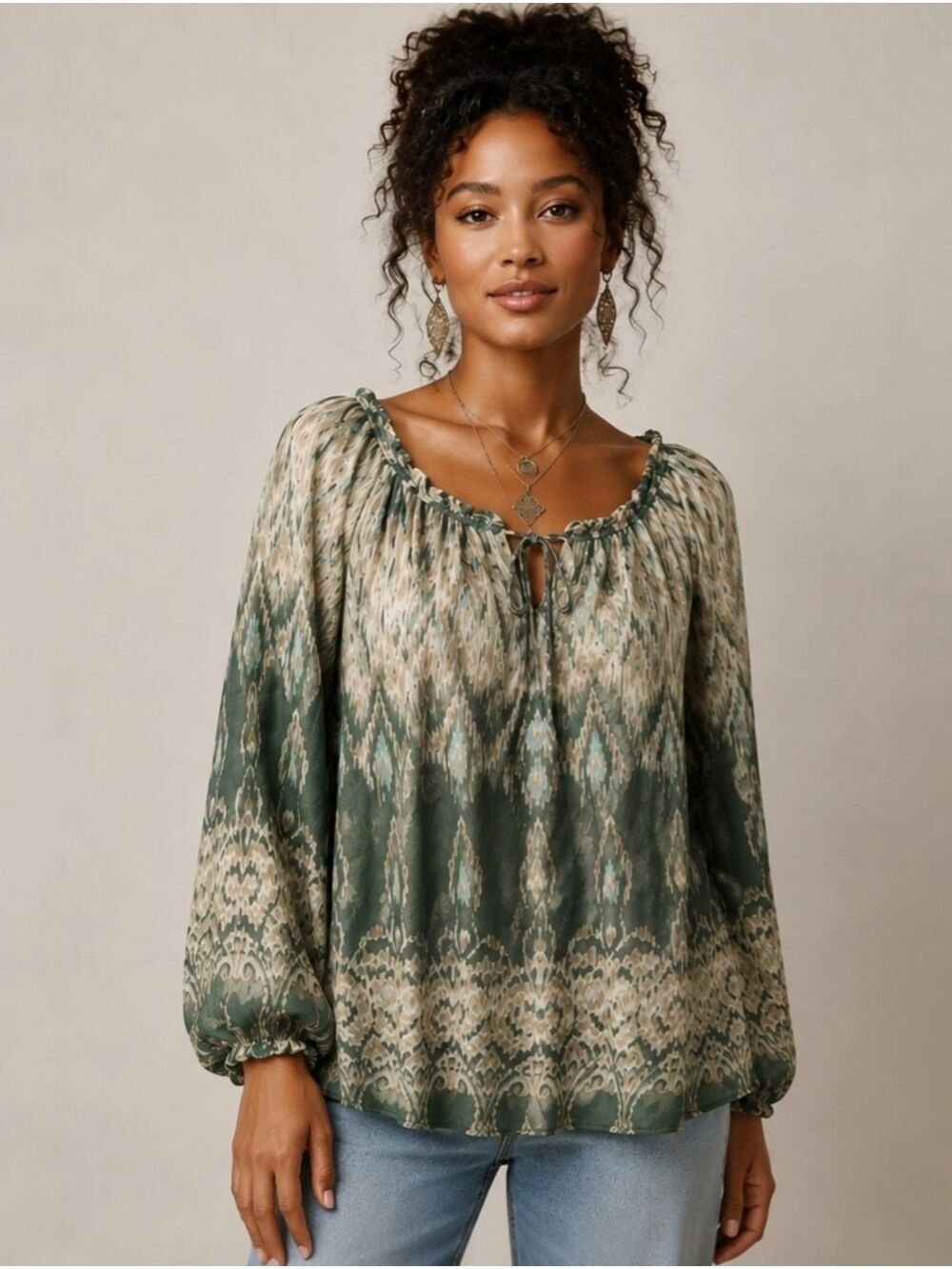 Willi Smith Women's Long Sleeve Boho Ikat Peasant Blouse Size Large Green